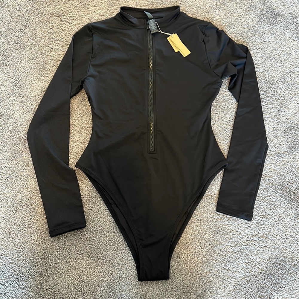 SKIMS Black Long Sleeve One Piece Swimsuit